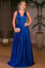 Load image into Gallery viewer, Royal Blue Satin V-neck A-line Floor-length Ruched Backless Prom Dresses RS610