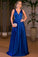 Royal Blue Satin V-neck A-line Floor-length Ruched Backless Prom Dresses RS610