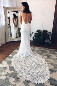 Elegant Mermaid Deep V-Neck Court Train Split-Front Backless White Lace Wedding Dresses RS273
