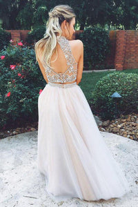 Two Piece High Neck Open Back Tulle Sequins Sleeveless Floor-Length Prom Dresses RS394