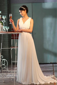 Sheer Back A-Line V-Neck Floor-Length Chiffon Appliques Sleeveless Wedding Dress RS66