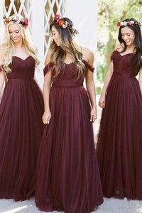 New Style A Line Tulle Sweetheart Off the Shoulder Long Ruffles Bridesmaid Dresses JS286