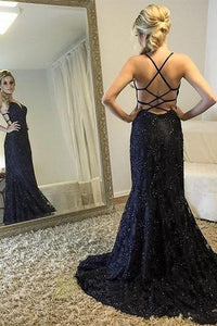 Spaghetti Straps V-Neck Black Mermaid Sparkly Sexy Beads Tulle Unique Prom Dresses RS400