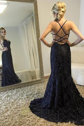 Spaghetti Straps V-Neck Black Mermaid Sparkly Sexy Beads Tulle Unique Prom Dresses RS400