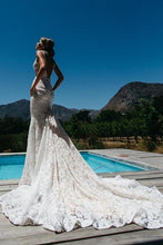 Load image into Gallery viewer, V-Neck Ruched Backless Lace Pockets Mermaid White Wedding Dress With Court Train RS303