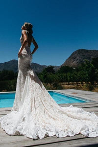 V-Neck Ruched Backless Lace Pockets Mermaid White Wedding Dress With Court Train RS303