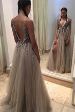 Load image into Gallery viewer, Grey Backless A-Line Deep V-neck Split-Front Sleeveless Sweep Train Prom Dresses with Beads RS254