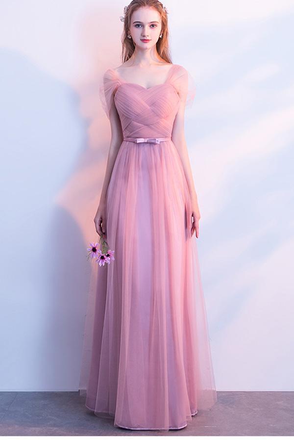 Elegant A-Line Pink Tulle Off the Shoulder Sweetheart Lace up Prom Bridesmaid Dresses RS572