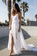 Load image into Gallery viewer, A-line Spaghetti Strap White Lace Chiffon Sweetheart Backless Beach Wedding Dresses RS881