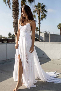 A-line Spaghetti Strap White Lace Chiffon Sweetheart Backless Beach Wedding Dresses RS881