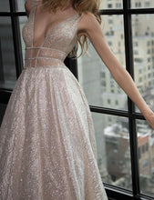 Load image into Gallery viewer, A-Line Deep V-Neck Court Train Open Back Sequined Prom Dress with Beading RS82