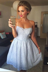 A-Line Sweetheart Knee Length Strapless Sleeveless Blue Lace Homecoming Dress RS802