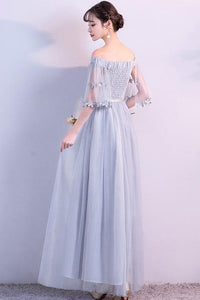 Off the Shoulder Blue Short Sleeve Tulle Bridesmaid Dresses Floor Length Wedding Party Dress RS917