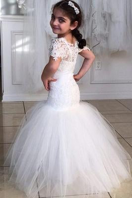 Long Short Sleeves Mermaid Lace Appliques Tulle Flower Girl Dress Wedding Party Dress RS119