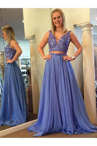Elegant A Line Two Piece Blue V-Neck Beads Chiffon Evening Prom Dresses RS790