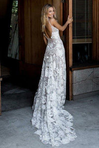 Princess A-Line Spaghetti Straps Sleeveless Ivory Backless Lace Appliques Wedding Dresses RS274