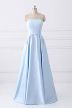 Load image into Gallery viewer, A-Line Blue Simple Satin Strapless Beaded Pockets Lace Up Back Long Sleeveless Prom Dresses RS309