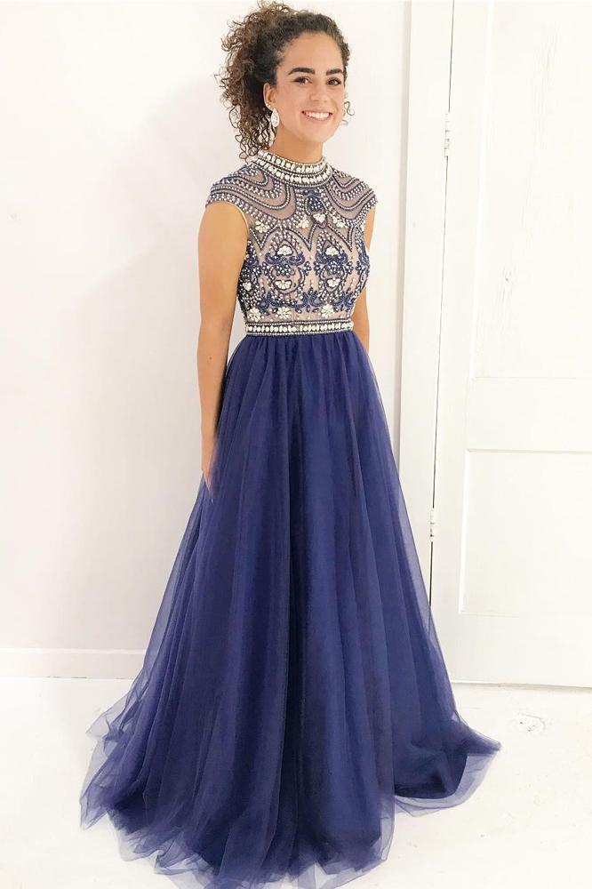 Vintage Stylish A-Line High Neck Cap Sleeves Navy Blue Beaded Lace Tulle Prom Dresses RS296