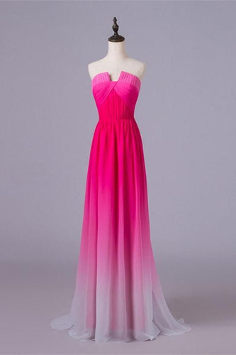 A-line Ombre Princess Long Cheap Gradient Chiffon Strapless Hot Pink Prom Dresses RS342