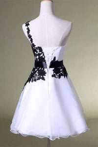 A Line One Shoulder White Homecoming Dress with Black Lace Knee Length Party Dress RS44