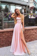 Load image into Gallery viewer, Elegant A Line Sweetheart Spaghetti Straps Chiffon Slit Pink Long Prom Dresses RS108