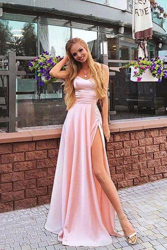 Elegant A Line Sweetheart Spaghetti Straps Chiffon Slit Pink Long Prom Dresses RS108