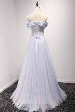 Load image into Gallery viewer, Sky Blue A-Line Off-the-Shoulder Floor-Length Tulle Prom Dresses with Appliques Lace RS955