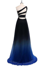 Load image into Gallery viewer, One Shoulder Blue and Black Chiffon A-Line Ombre Appliques Open Back Prom Dresses RS466