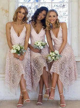 Load image into Gallery viewer, A-Line V-Neck Spaghetti Straps Asymmetrical Pink Lace Bridesmaid Dress RS93