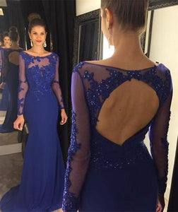 Open Back Long Sleeve Scoop Royal Blue Mermaid Floor-Length Beads Sexy Prom Dresses RS40
