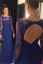 Load image into Gallery viewer, Open Back Long Sleeve Scoop Royal Blue Mermaid Floor-Length Beads Sexy Prom Dresses RS40