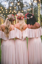 Load image into Gallery viewer, Simple Pink Off the Shoulder Pink Ruffles Long Bridesmaid Dresses GD00003