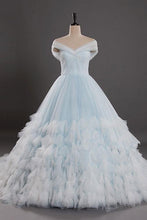 Load image into Gallery viewer, Light Blue Off the Shoulder Tulle Ball Gown Prom Dresses Quinceanera Dresses