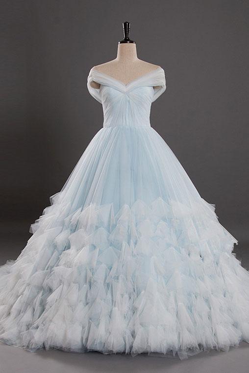 Light Blue Off the Shoulder Tulle Ball Gown Prom Dresses Quinceanera Dresses