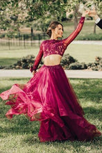 Load image into Gallery viewer, Elegant A Line Two Piece Burgundy Long Sleeve Beads Organza Open Back Long Prom Dresses RS24