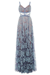 2024 Blue Lace Spaghetti Long A-line Backless V-Neck Sleeveless Prom Dresses RS581