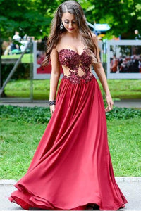 Sweetheart Appliques Beading Strapless Red A-Line Chiffon See-through Fashion Prom Dresses RS247