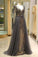 Elegant A Line V Neck Long Sleeves Tulle Grey Prom Dresses with Beading RS85