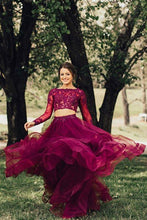 Load image into Gallery viewer, Elegant A Line Two Piece Burgundy Long Sleeve Beads Organza Open Back Long Prom Dresses RS24