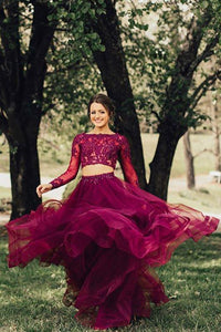 Elegant A Line Two Piece Burgundy Long Sleeve Beads Organza Open Back Long Prom Dresses RS24
