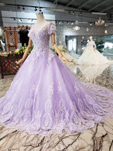 Load image into Gallery viewer, Unique Short Sleeve Lilac Ball Gown Appliques Beading Prom Dress Quinceanera Dress P1134