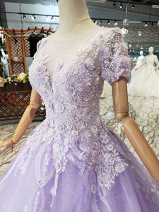 Unique Short Sleeve Lilac Ball Gown Appliques Beading Prom Dress Quinceanera Dress P1134