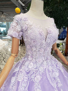 Unique Short Sleeve Lilac Ball Gown Appliques Beading Prom Dress Quinceanera Dress P1134