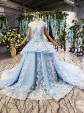 Load image into Gallery viewer, Princess Light Blue Ball Gown Cap Sleeve Prom Dresses with 3D Flowers Quinceanera Dress P1133