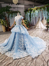 Load image into Gallery viewer, Princess Light Blue Ball Gown Cap Sleeve Prom Dresses with 3D Flowers Quinceanera Dress P1133