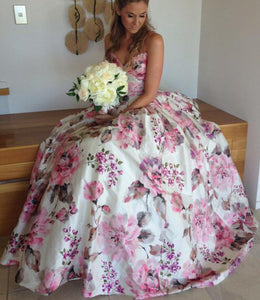 Ball Gown Printed Satin Sweetheart Spaghetti Straps Sleeveless Prom Dress Wedding Dress RS684