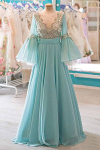 Modest A-line Chiffon Long Prom Dresses With Flare Sleeves