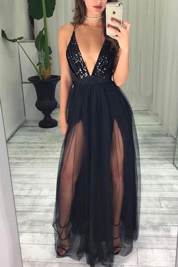 Sexy Black Spaghetti Straps Deep V Neck High Slit Tulle with Beads Prom Dresses RS43