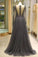 Elegant A Line V Neck Long Sleeves Tulle Grey Prom Dresses with Beading RS85