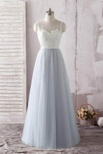 Load image into Gallery viewer, Simple A Line Spaghetti Straps Gray Sweetheart Ivory Lace Blue Tulle Prom Dresses RS608